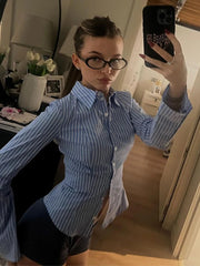 LIZAKOSHT - Women's Striped Fitted Shirt Full Sleeve Single Breasted Lapel Neck Top 2026 Spring Summer Female Casual Outings Daily Matching