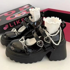 LIZAKOSHT - Lolita Shoes Women's Punk Platform Pumps Metal Chain Mary Jane Lolita Shoes Woman Japanese Patent Leather High Heels Gothic Shoe