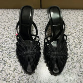 LIZAKOSHT - Summer High Heeled Women Modern Sandals Retro Soft Leather Mules Brand Design Black Leisure Hollow Out Lady Party Shoes