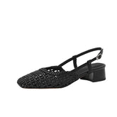 LIZAKOSHT - Hot Selling Weaved Slingback Sandals Woman Straw Plaited Low Heel Sandalias Ladies Brand Design Summer Square Toe Hollow Out