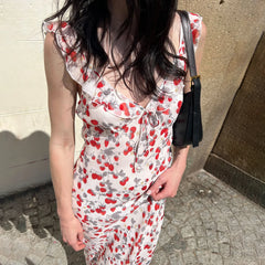 LIZAKOSHT - Women's Floral Print Cami Maxi Dress Boho Romantic Ruffle V Neck Long Dresses for Beach Holiday Ladies Summer Vestidos