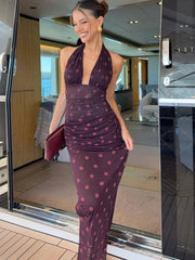 LIZAKOSHT - Polka Dot Print 2-Piece Set Hakter Bandage Backless v-Neck Vest+Folds Elastic Waist Skirt Vacation Elegant Suits