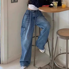 LIZAKOSHT  -  Vintage Multi-pocket Washed Loose Wide Leg Jeans Women 2024 Summer New High Waist Lace-up Casual Denim Cargo Pants