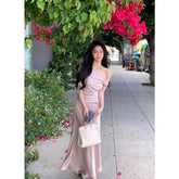 LIZAKOSHT - French Temperament Satin Dress New Summer Oblique Shoulder Sling Collar Fishtail Skirt for Women
