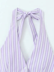 LIZAKOSHT - Striped Women's Two Piece Suit Halter Lace Up Sleeveless V-neck Single Breasted Top Short Pants 2025 Summer Lady Causal Outfits