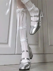 LIZAKOSHT - NEW Elegant Silver Ballet Shoes Lady Sweet Mary Jane Thick High-heeled Shoes Heels Retro Footwear Lolita Shoes
