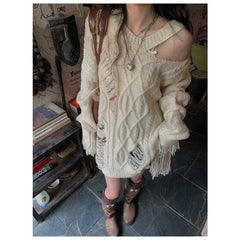 LIZAKOSHT - Y2k Vintage Beige Knit Sweater Women Grunge Harajuku Irregular Off Shoulder Jerseys Hollow Out Hippie Streetwear Jumper