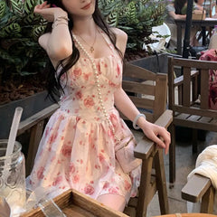 LIZAKOSHT  -  Sweet Y2k Mini Dress Set Women Summer Vintage Floral Printed Halter Spaghetti Strap Dress +Cardigan Jacket 2pcs Set Vestidos