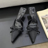 LIZAKOSHT - Spring Summer Silk Butterfly-knot Women's Slippers Sandals Pointed Toe High Heel Pumps Ladies Stripper Mules Shoes