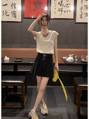 LIZAKOSHT - Striped Crop Top y2k Aesthetic V-neck Short Sleeve T Shirt Women Sweats Casual Streetwear