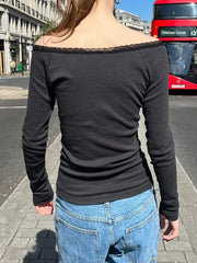 LIZAKOSHT - Women Dark Gray Lace Trim Long Sleeve T-shirt Autumn Scoop Neck Cotton Slim Tees American Vintage Streetwear Tshirt Tops