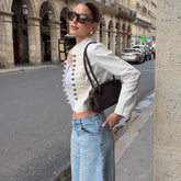 LIZAKOSHT - Stylish Single-Breasted Loose Jacket Women Stand-Collar Long-Sleeved Splicing High-Street Jacket Spring Autumn Street Coat