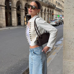 LIZAKOSHT - Stylish Single-Breasted Loose Jacket Women Stand-Collar Long-Sleeved Splicing High-Street Jacket Spring Autumn Street Coat