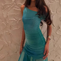 LIZAKOSHT - Sexy Sleeveless Fit Split Maxi Dress Summer Backless High Waist Pleat Chiffon Beach Dress Trendy Gradient Print Slash Neck Dress