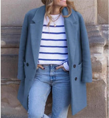 LIZAKOSHT  -  Women Lapel Double Breasted Coats Autumn Winter New In Fashion Jackets Sollid Color Lond Sleeve Pocket Jacket Lady Warm Outwears