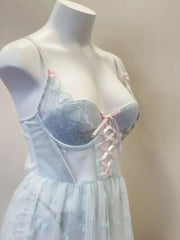 LIZAKOSHT - New Sexy Lingerie Women's Sleepwear See Through Gauze Mesh Embroidery Suspender Nightdress with Chest Pad Vestidos Mujer