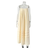 LIZAKOSHT - Casual Loose Pleated Sling Long Dress Women Chic Simple Beige Sleeveless Low Cut Holiday Dresses Lady Retro Summer Beach Vestido