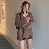 LIZAKOSHT - Sweaters Brown V-Neck Slit Autumn Retro Knitted Jumper Tops Y2K Harajuku Casual Women Basic Loose Pullover Korean Style