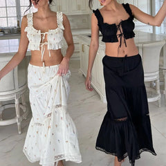 LIZAKOSHT - Vintage Frill Strap Front Tie Up Crop Tops + Maxi A-line Skirt Elegant Women Chic 2 Piece Set Fairy Y2K Matching Outfits