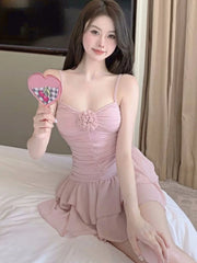LIZAKOSHT - Summer Pink Sexy Sweet Strap Dress Women Korean Fashion Party Mini Dress Female Ruffled Backless Designer Suspender Dress