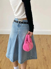 LIZAKOSHT - Denim Pleated Skirt High Waist Y2k Streetwear Women Vintage A-Line Distressed Knee-Lenght Jeans Skirt Japanese Fashion Versatile