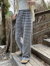 LIZAKOSHT - High Street Trousers Women All Match Winter Knitted Warm Straight Office Lady Chic Loose Wide Leg Stripes