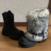 LIZAKOSHT - Chunky Heel Winter 2 ways to wear Leisure Cowboy Boots Women Vintage y2k Faux Fur Snow Boots Belt Buckle Black Ankle Boots Shoes
