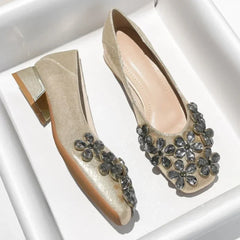 LIZAKOSHT - Crystal Flower Designer Women Shoes Chunky Elegant Dress Shoes Shallow Comfort Fashion Diamond Pumps Women Zapatos De Mujer