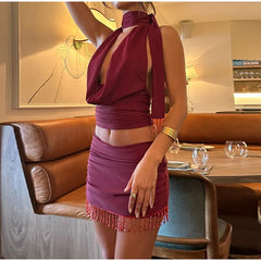 LIZAKOSHT - Sexy Halter Low Cut Top Tassel Skirt Set Lady Chic Street Solid Pleated Tops Slim Mini Skirts Sets Women Summer Retro Outfits