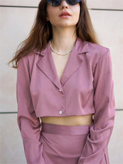 LIZAKOSHT - Satin Fashion 2 Piece-Set Mini Skirt For Women V-Neck Long Sleeve Cropped Top Outwear And Short Skirt Women's Sets Summer