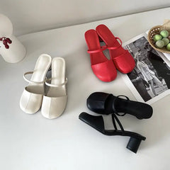 LIZAKOSHT - Shoes Low Slippers Casual Slides Cover Toe Square heel Women Heels Pantofle Luxury Summer Block High PU Fashion Rome Fabric