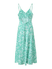 LIZAKOSHT Lace Up Backless Midi Summer Women Dress Spaghetti Strap V Neck Boho Beach Floral New Dress 2024 Vintage French Dress