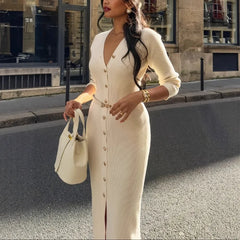 LIZAKOSHT  -  Fall Winter Long Sleeve Fashion Knitted Dress Slim Solid Elegant Office Lady Clothes Button Slit Female Sweater Cardigan Dresses