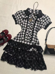 LIZAKOSHT - Vintage Design Black Plaid Dress Women's Summer Hot Girl Lapel Short Sleeve Shirt Dresses Fashion Hepburn Slim Thin New Outfits