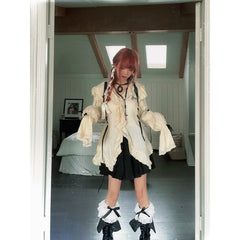 LIZAKOSHT - Gothic Coquette Y2k Shirt Women Irregular Aesthetic Blouses Vintage V Neck Grunge Japanese Harajuku Fashion Lolita