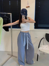 LIZAKOSHT - Casual Drawstring High Waist Color-blocking Striped Pants for Women Summer New Retro Loose Straight Long Wide Leg Pants