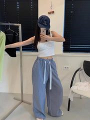 LIZAKOSHT - Casual Drawstring High Waist Color-blocking Striped Pants for Women Summer New Retro Loose Straight Long Wide Leg Pants