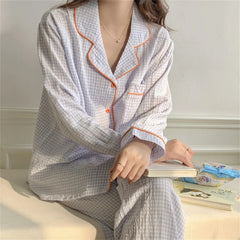 LIZAKOSHT  -  Spring Home Clothe Sets Sweet Women Plaid Casual Chic New Comfortable All Match Sleep Wear Loose Pajama Suits