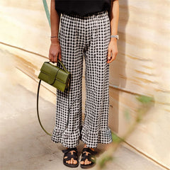 LIZAKOSHT - Plaid Print Pants Women y2k Clothes Elastic Waist Wide Leg Loose Ruffle Hem Trousers Summer Clothing 2000s Streetwear