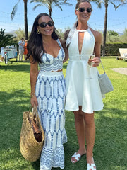 LIZAKOSHT - Printed Women Two Piece Set V-neck Sleeveless Vest High Elastic Waist Draped Skirts 2025 Summer Female Vacation Casual Outfits