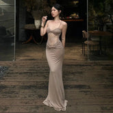 LIZAKOSHT - Women Sexy Sheer Lace Mesh Patchwork Knot Camisole Bodycon Maxi Party Dress Ruched Spaghetti Straps Backless Clubwear Long Robe