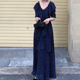 LIZAKOSHT - Women Dresses V Neck Polka Dot Ruffles Spring Summer Elegant Long Dress Korean Fashion Vintage Sweet Vestidos Mujer