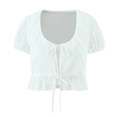 LIZAKOSHT - Sexy White Embroidery Hollow Out Hole Wood ears O neck Short Puff Sleeve Shirt Women Ruffles Hem Front Bow Lacing Up Crop Tops