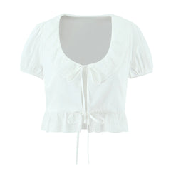 LIZAKOSHT - Sexy White Embroidery Hollow Out Hole Wood ears O neck Short Puff Sleeve Shirt Women Ruffles Hem Front Bow Lacing Up Crop Tops