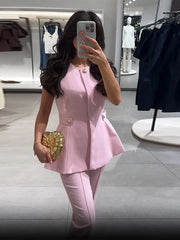 LIZAKOSHT - Elegant O-neck Pin Top Pant 2 Piece Sets Women Fashion Sleeveless Waist Cinching Top Straight Pants Suit Lady Summer Chic Set