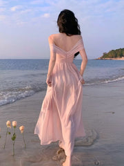 LIZAKOSHT - France Elegant Backless Chiffon Beach Dresses Korean Chic A-line Pink Fairy Dress Summer Casual Vocation Party Club Vestidos
