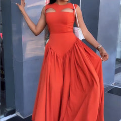 LIZAKOSHT - Women O Neck Summer Sleevelss Cut Out Low Waist Elegant Holiday Party Pleated A Line Sundress Chic Elastic Femme Maxi Robe