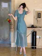 LIZAKOSHT - Summer Square Collar Elegant Ruffles Women's Bodycon Dress Vintage Simple Holiday Party Dress Fashion Office Lady Vestidos