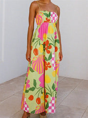 LIZAKOSHT - Women Sleeveless Strap Dress Backless Floral Bohemian Long Maxi Dress Summer Beach Female Vestidos Beachwear New