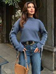 LIZAKOSHT - Solid Loose Round Neck Sweater Women New Fashionable Lace Up Bow Pullover Sweaters Long Sleeved Casual Knitted Tops 2025